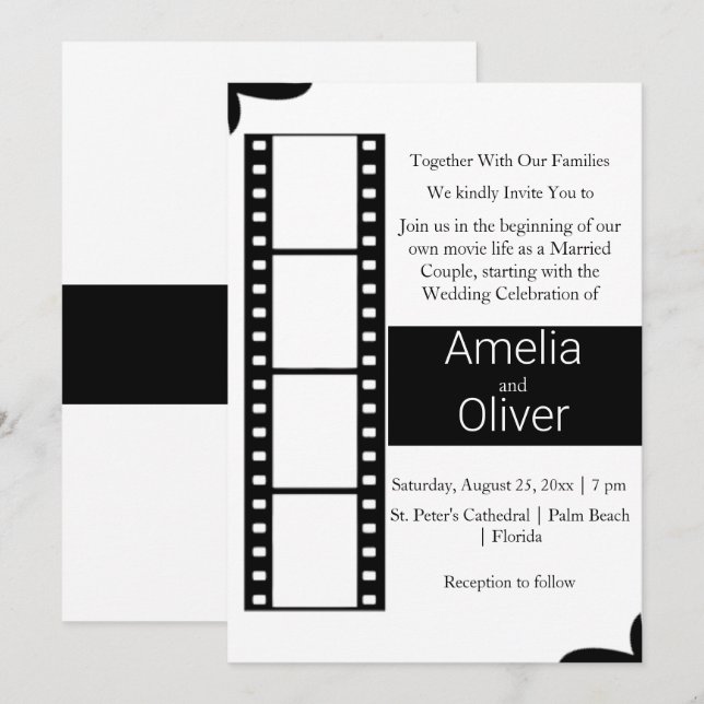 Elegant Black and White Film Roll Bröllop Inbjudningar (Fram/baksida)