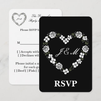 Elegant Black and White Floral Heart Wedding RSVP  Tack Kort