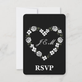 Elegant Black and White Floral Heart Wedding RSVP  Tack Kort