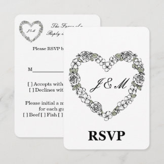 Elegant Black and White Floral Heart Wedding RSVP  Tack Kort