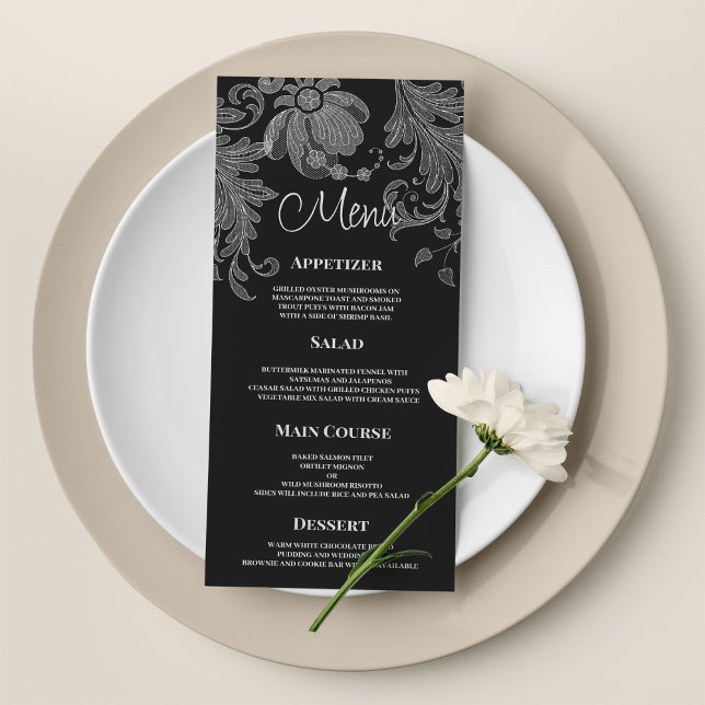  Elegant black and white floral lace Wedding Menu Program (Elegant black and white floral lace Wedding Menu)