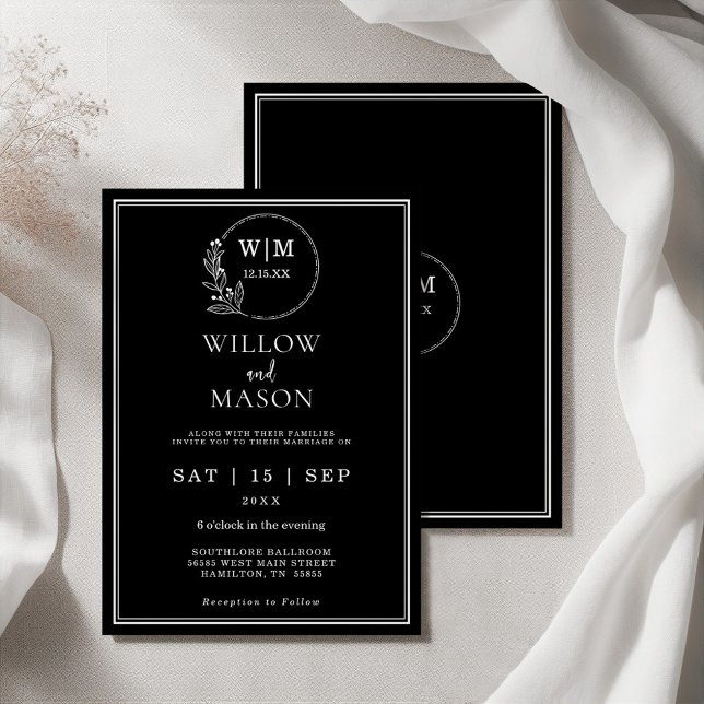 Elegant Black and White Floral Monogram Wedding In Inbjudningar (Elegant Black and White Floral Monogram Wedding In Invitation)
