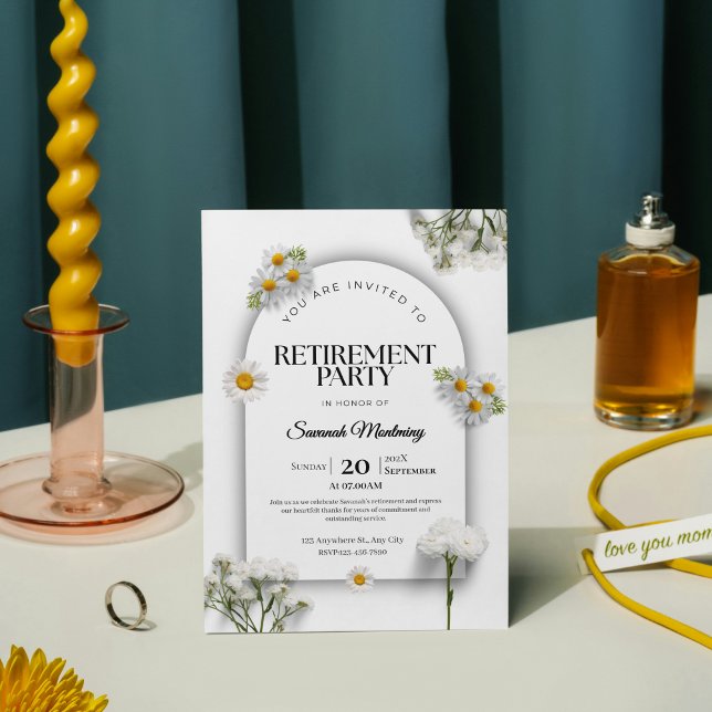 Elegant Black and White Floral Retirement Party  Inbjudningar (Elegant Black and White Calligraphy Retirement Par Invitation)