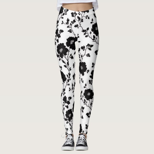Elegant Black And White Floral Silhouette Botanica Leggings (Framsida)