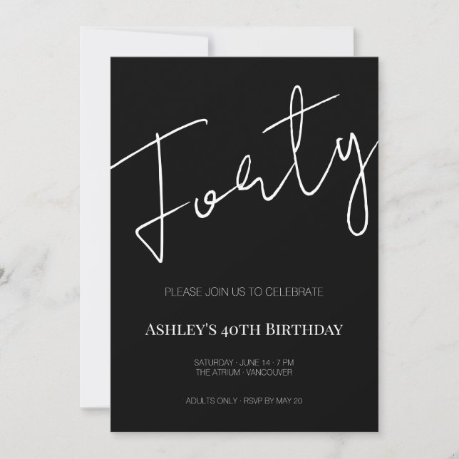 Elegant Black and White Forty 40th Birthday Inbjudningar (Framsida)