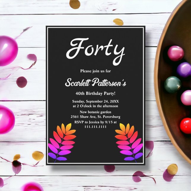 Elegant Black and White Glow Lövs 40:e födelsedage Inbjudningar (Skapare uppladdad)