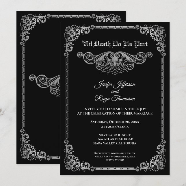 Elegant black and white Gothic wedding Invitation Inbjudningar (Fram/baksida)