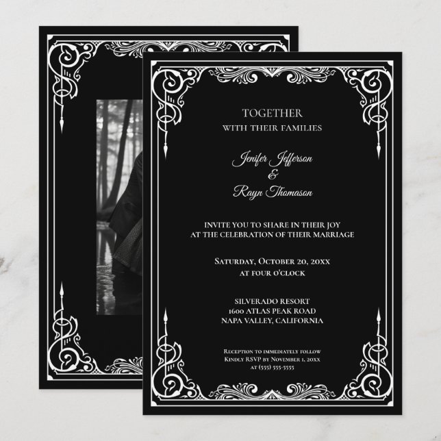 Elegant black and white Gothic wedding Invitation Inbjudningar (Fram/baksida)