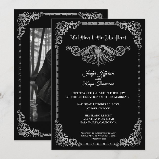 Elegant black and white Gothic wedding Invitation Inbjudningar (Fram/baksida)