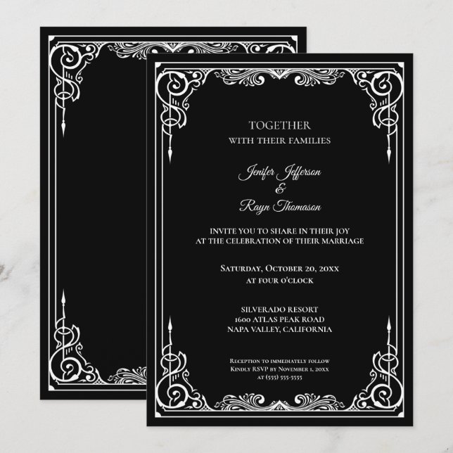 Elegant black and white Gothic wedding Invitation Inbjudningar (Fram/baksida)