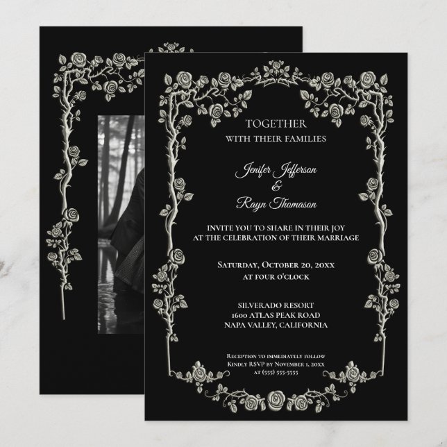 Elegant black and white Gothic wedding Invitation Inbjudningar (Fram/baksida)
