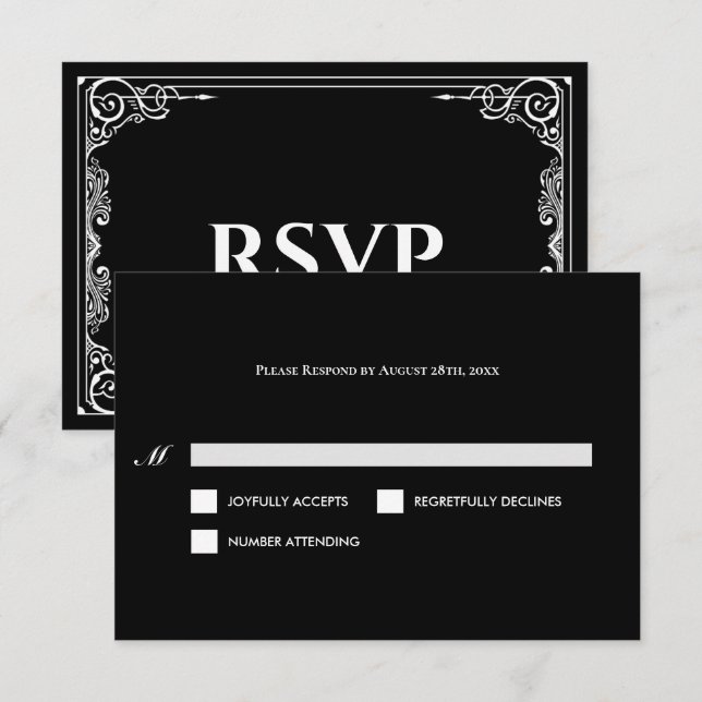 Elegant black and white Gothic Wedding RSVP Card OSA Kort (Fram/baksida)