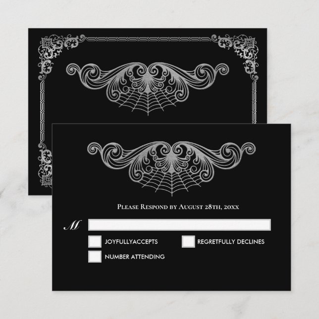 Elegant black and white Gothic Wedding RSVP Card OSA Kort (Fram/baksida)
