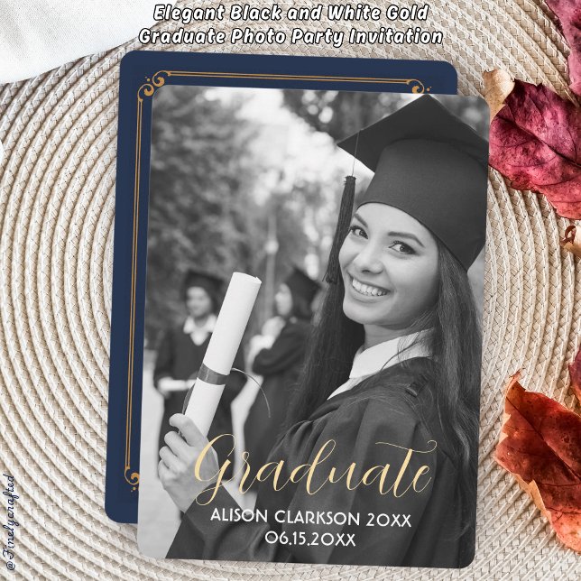 Elegant Black and White Guld Student Photo Party Inbjudningar (Skapare uppladdad)