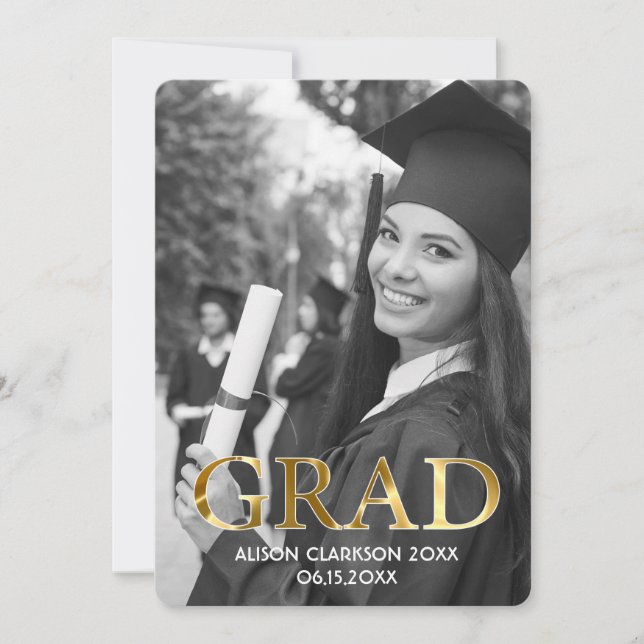Elegant Black and White Guld Student Photo Party Inbjudningar (Framsida)