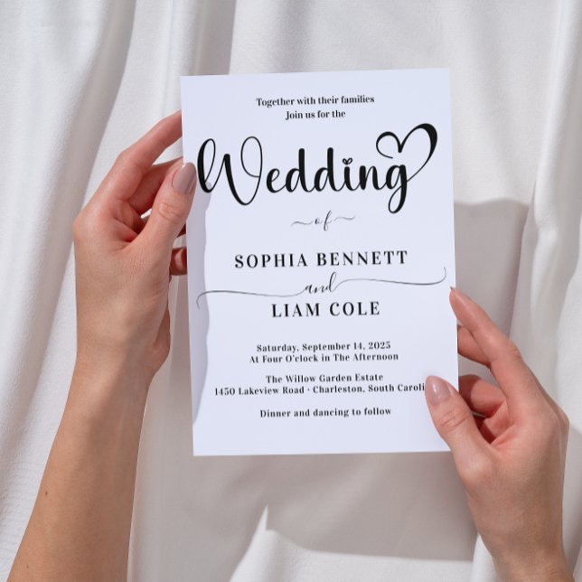 Elegant Black and White Heart Script Wedding  Inbjudningar (Elegant Black and White Heart Script Wedding Invitation romantic simple calligraphy love & thanks )