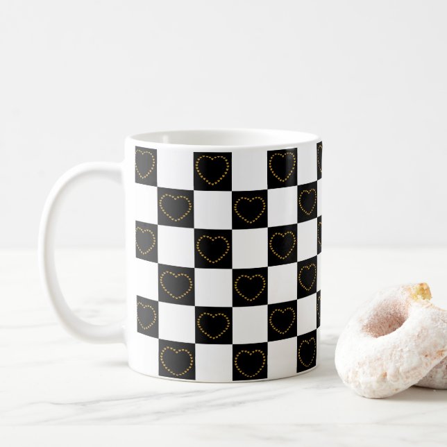 Elegant Black and White Hearts Mönster Valentine Kaffemugg (Med munk)