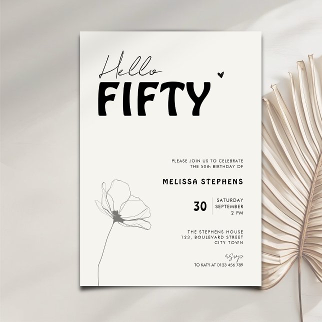 Elegant Black and White Hello Fifty 50th Birthday Inbjudningar (Skapare uppladdad)