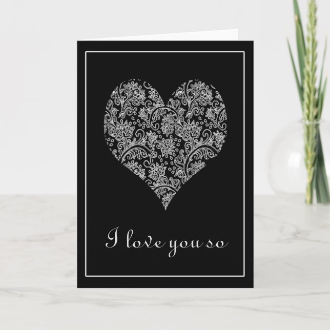Elegant Black and White Lacy Heart Valentine Helgkort (Framsida)