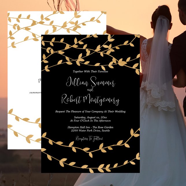 Elegant Black and White med Guld Löv Bröllop Inbjudningar (Elegant Black and White with Gold Leaves Wedding Invitation)