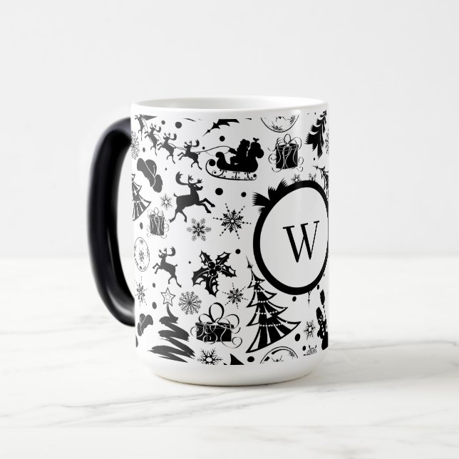 Elegant black and white merry Christmas Monogram Magisk Mugg (Framsida vänster)