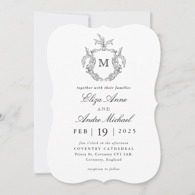 Elegant Black and White Monogram Bröllop Inbjudningar (Framsida)