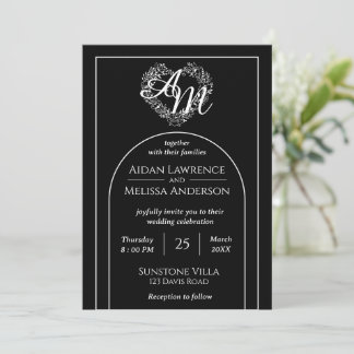 Elegant Black and White Monogram Bröllop Inbjudningar