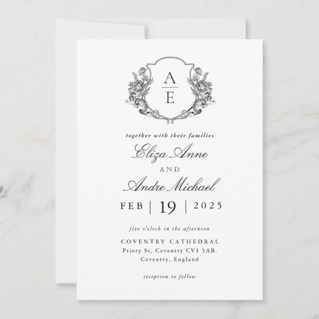 Elegant Black and White Monogram Bröllop Inbjudningar (Framsida)