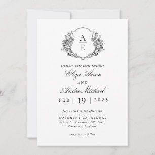 Elegant Black and White Monogram Bröllop Inbjudningar
