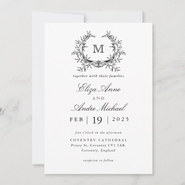 Elegant Black and White Monogram Bröllop Inbjudningar (Framsida)