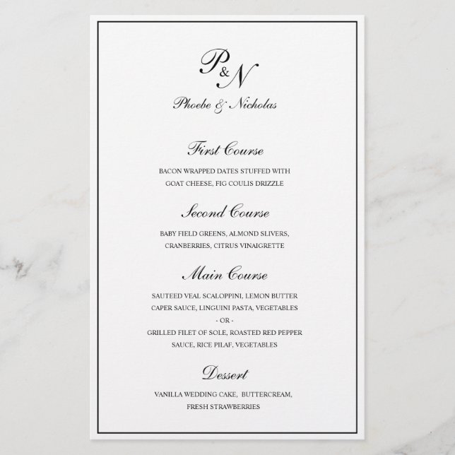 Elegant Black and White Monogram Bröllop Menu (Framsida)