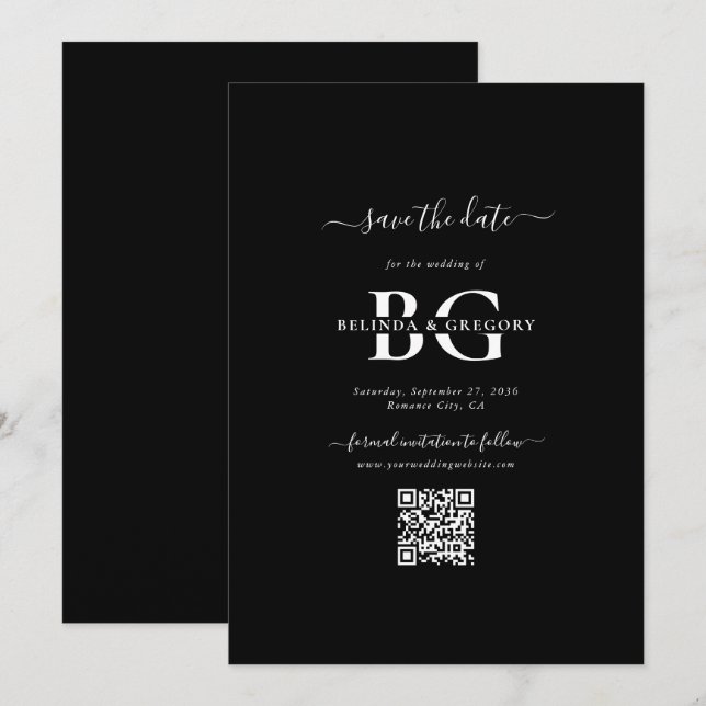 Elegant Black and White Monogram Initialer Bröllop Spara Datumet (Fram/baksida)