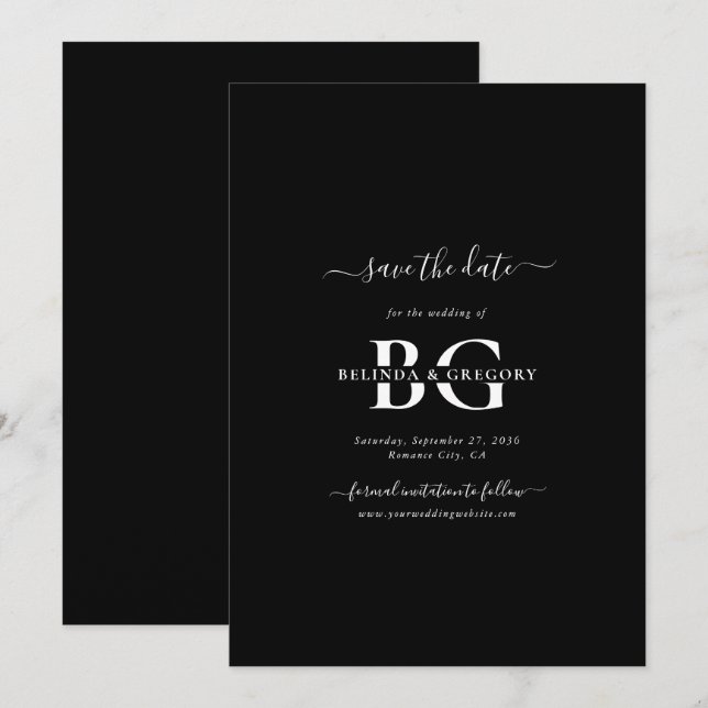 Elegant Black and White Monogram Initialer Bröllop Spara Datumet (Fram/baksida)