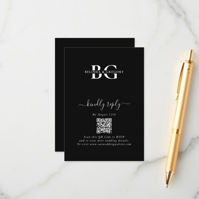 Elegant Black and White Monogram Initialer Bröllop Tilläggskort (Fram/Back In Situ)