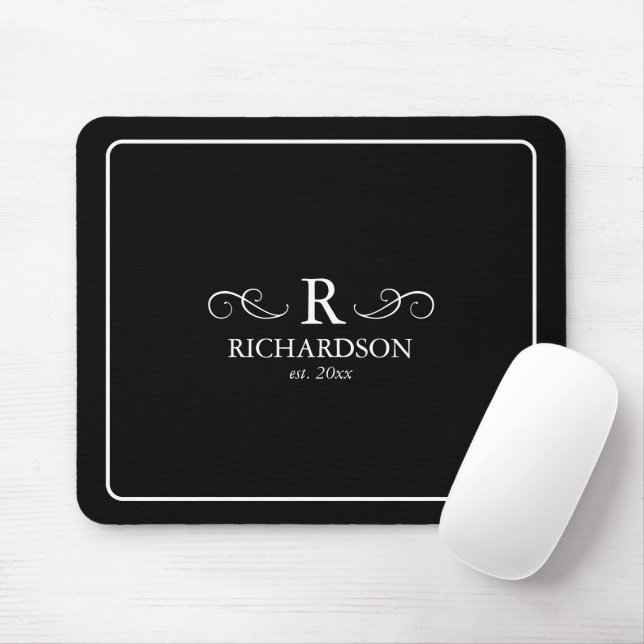 Elegant Black and White Monogram Mousepad Musmatta (Med mus)