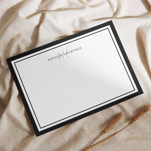 Elegant Black and White Monogram Script Two Gräns Anteckningskort (Skapare uppladdad)