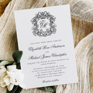 Elegant Black and White Monogram Vapensköld Bröllo Inbjudningar