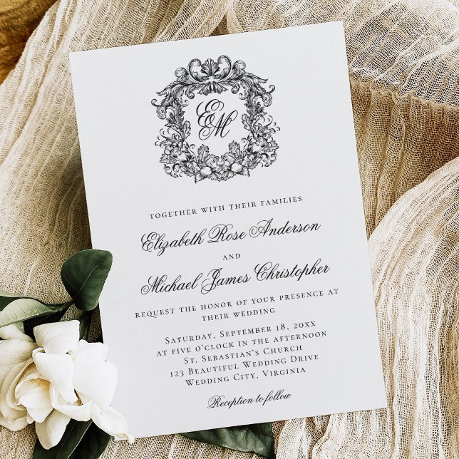 Elegant Black and White Monogram Vapensköld Bröllo Inbjudningar (Skapare uppladdad)