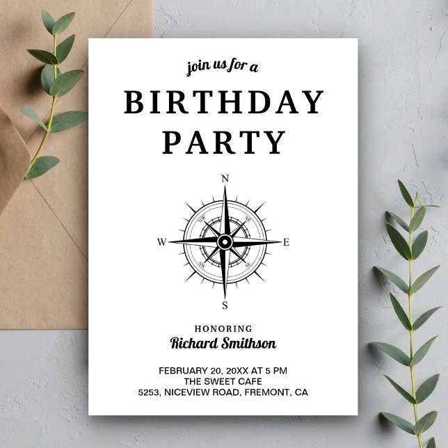 Elegant Black and White Nautical Compass Birthday Inbjudningar (Skapare uppladdad)
