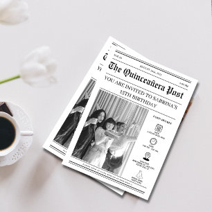 Elegant Black and white Newspaper Quinceañera Inbjudningar
