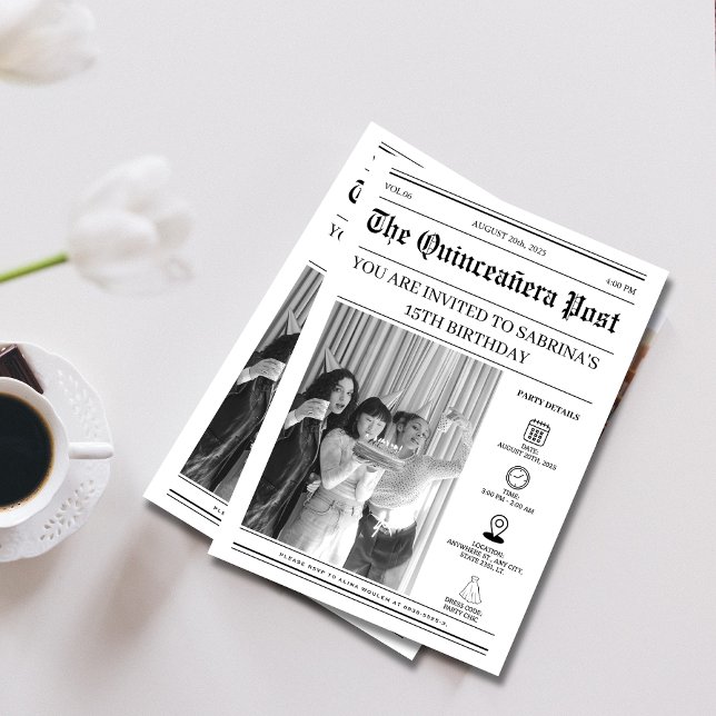 Elegant Black and white Newspaper Quinceañera Inbjudningar (Skapare uppladdad)