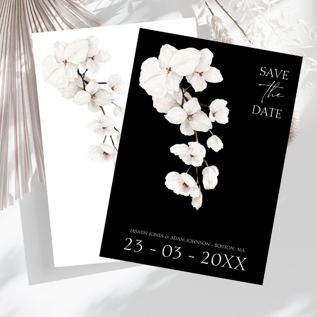 Elegant Black and White Orchid Bröllop Spara Datumet (Modern Black and White Orchids Floral Wedding Save the Dates)