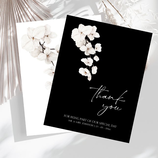 Elegant Black and White Orchid Bröllop Tack (Modern Black and White Orchids Flowers Wedding Thank You Card)