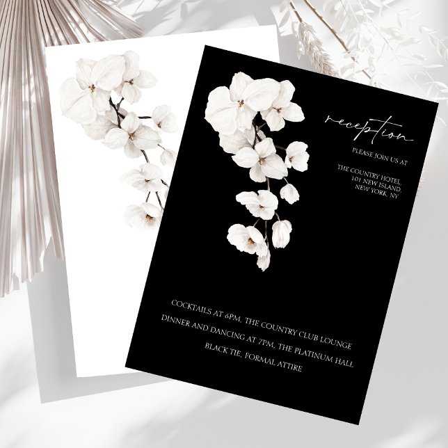 Elegant Black and White Orchid Wedding Reception Tilläggskort (Modern Black and White Orchids Flowers Wedding Reception Cards)