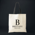 Elegant Black and White Personlig Bridesmaid till Tygkasse<br><div class="desc">Elegant Black and White Personlig Bridesmaid-presenter med personlig bridesmaid's monogram,  namn och title in Classic serif font stil. Även perfekt för Maid of honor,  Flower Girl,  Budens mamma m.fl.</div>