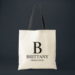 Elegant Black and White Personlig Bridesmaid till Tygkasse<br><div class="desc">Elegant Black and White Personlig Bridesmaid-presenter med personlig bridesmaid's monogram,  namn och title in Classic serif font stil. Även perfekt för Maid of honor,  Flower Girl,  Budens mamma m.fl.</div>