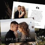 Elegant Black and White Photo Bröllop | Fåglar Tack Kort<br><div class="desc">Den här snyggten har du tack vare elegant bröllop ett platt kort med en fullt utfallsmall på framsidan, tillsammans med enkel typografi, "Kärlek och tack" i vitt. Med en övertoning i mörken mot grund kan texten stå mot fotot - den kan justeras uppåt eller nedåt om det behövs. Baksidan innehåller...</div>