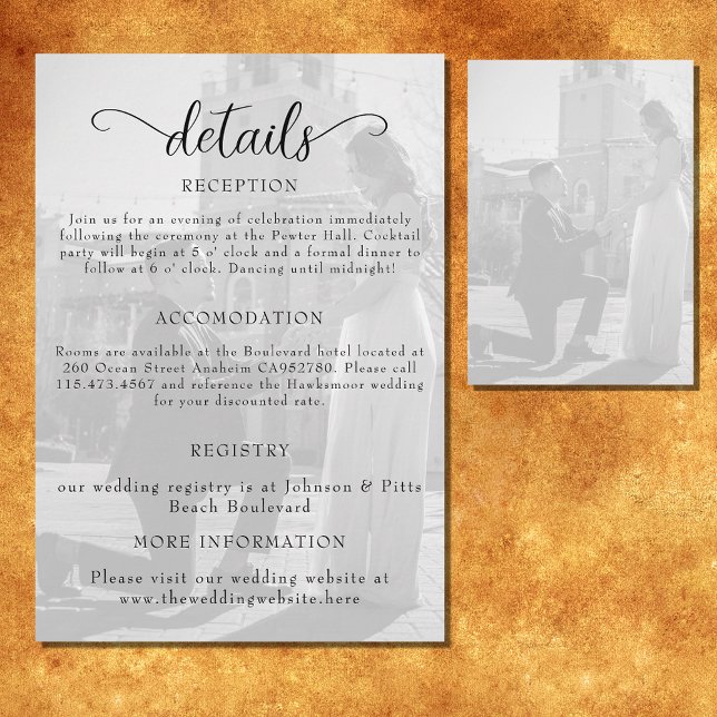 Elegant Black and White Photo Bröllop Tilläggskort (Wedding enclosure card with opaque photo background.)