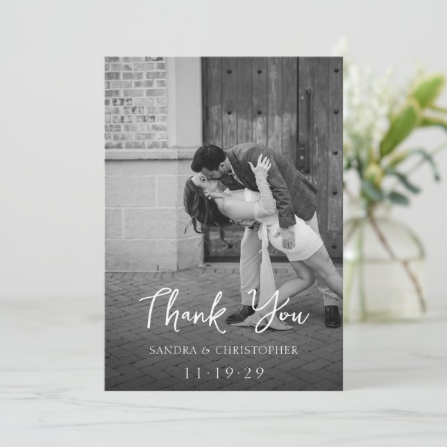 Elegant Black and White Photo Modern Wedding Tack Kort (Stående Fram)