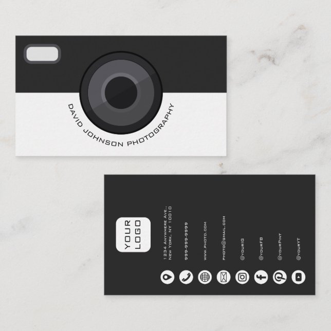 Elegant Black and White Photographer Business Card Visitkort (Fram/baksida)